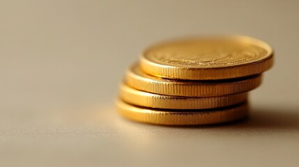 Close up of several gold coins in a stack on a table