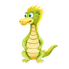 Green and yellow dragon. Isolated watercolor illustration on white background. For baby shower design, postcard, wrapping, invitations, cards, posters