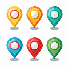 Set of six colorful map pin icons in flat style, each with a unique color and design. Perfect for web design, mobile apps, or any project that requires location markers.