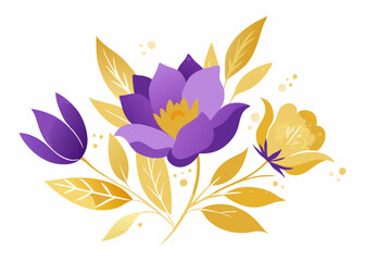 A vibrant bouquet of purple and yellow flowers with delicate golden leaves. This whimsical illustration is perfect for adding a touch of elegance and beauty to your designs.