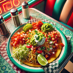 taco with meat, guacamole, lime, tomatoes, mayonnaise on a 60's table