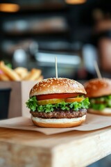 Delicious sesame seed burger with lettuce, tomato, and fries in a casual dining setting