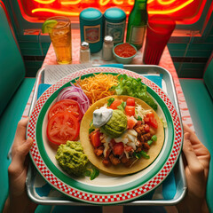 tacos with fresh ingredients: onion, cheese, guacamole, meat, tomato, green pepper