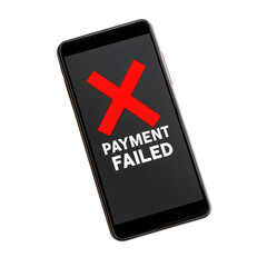 Obraz premium Payment failed notification on mobile screen, smartphone displaying transaction error, isolated device showing cancelled purchase, online banking app with declined card message, buy