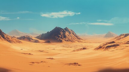 Naklejka premium A Vast Desert Landscape with Rugged Mountains Under a Blue Sky