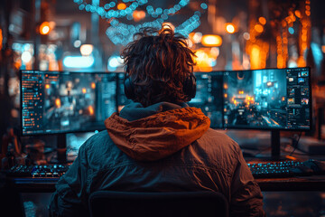 Obraz premium A gamer designing a custom level in a video game, using creative tools to shape the experience. Concept of game design.