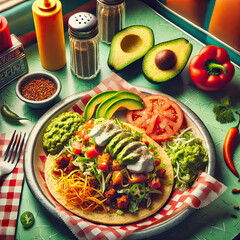 taco with many ingredients: guacamole, onion, mayonnaise, tomato, turmeric, pepper powder, mustard