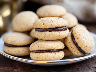 Baci di Dama cookies. Italian Piedmont sandwich biscuit consisting of two hazelnut biscuits joined together by a chocolate filling.