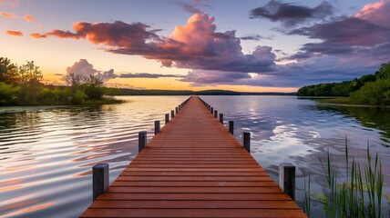 Fototapeta premium Tranquil Sunset Over a Scenic Lake Dock: A Serene Escape into Nature's Beauty