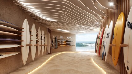 A minimalist surf shop with surfboards mounted on simple racks, a sandy floor design, and a ceiling that mimics a wave pattern, providing a connection to the ocean while maintaining a sleek look