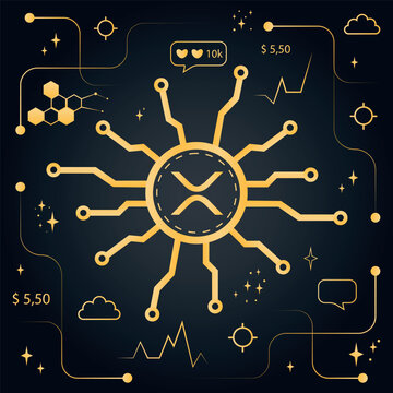 A digital image with a XRP coin in the center, rendered in golden hues with network structures and financial data icons symbolizing cryptocurrencies and blockchain 