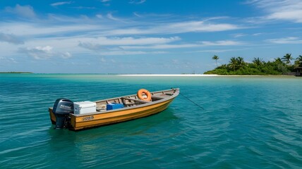 Naklejka premium Serene Tropical Scene: A Rustic Wooden Boat Anchored in Crystal Clear Waters Under a Blue Sky with Lush Greenery