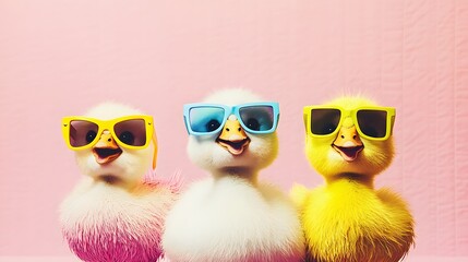 Group of duck bird friends in sunglass shade glasses isolated on solid background, isolated background