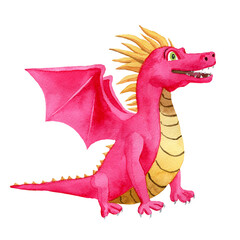 Bright pink dragon with wings. Watercolor illustration on white background. For baby shower design, postcard, wrapping, invitations, cards, posters