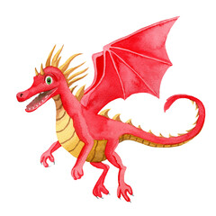Red flying dragon with wings. Watercolor illustration on white background. For baby shower design, postcard, wrapping, invitations, cards, posters