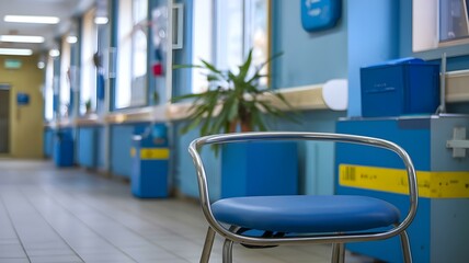 Modern Hospital Interior: A Clean and Inviting Waiting Area Featuring Blue Accents, Natural Light, and Comfortable Seating, Highlighting a Welcoming Environment for Patients and Visitors