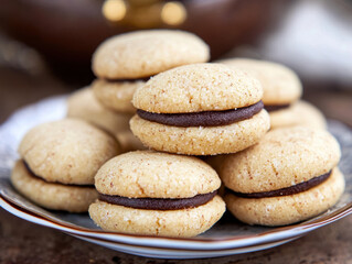 Baci di Dama cookies. Italian Piedmont sandwich biscuit consisting of two hazelnut biscuits joined together by a chocolate filling.