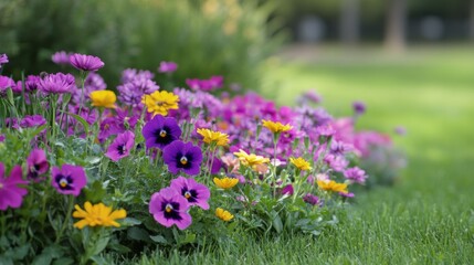 Obraz premium Colorful flower garden with blooming pansies and daisies in sunny spring weather