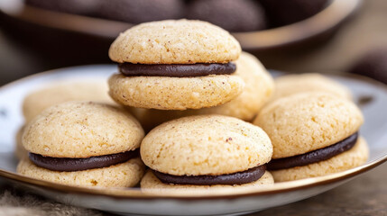 Naklejka premium Baci di Dama cookies. Italian Piedmont sandwich biscuit consisting of two hazelnut biscuits joined together by a chocolate filling.