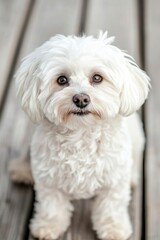 Fluffy white dog looking curiously at the camera in a cozy wooden home environment