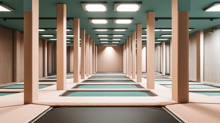 A minimalist trampoline park with interconnected trampolines, padded columns, and an observation deck The design is open and airy to enhance the joy of movement and the sensation of bouncing