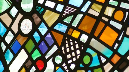 Modern stained glass window featuring clean lines and colorful abstract patterns set against a minimalist backdrop