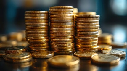 Close-up of multiple stacked gold coins, representing investment, wealth management, and financial savings in a polished and reflective setting