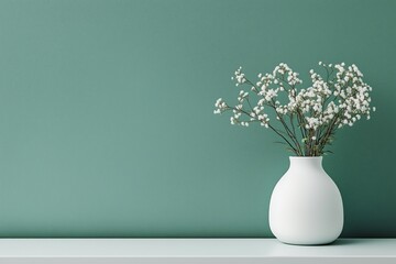 Mockup of empty green wall in the room. White flowers in a white vase. The plant stands on a white shelf stand. Close-up. © Katsiaryna