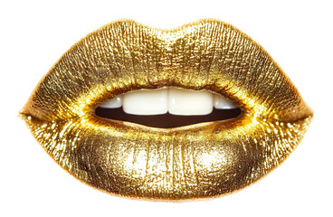 Golden lips with metallic shine, isolated on transparent cutout background