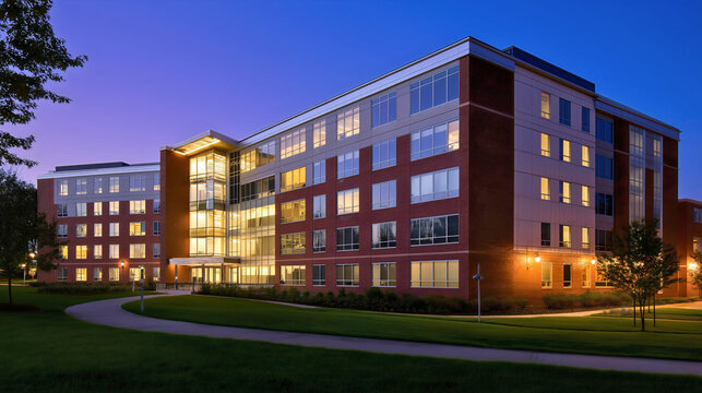 Multi story school dorm building exterior, modern university campus housing, apartment student residential with many windows, urban college accommodation facade, educational architecture home hotel