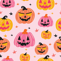 Seamless pattern with colorful cute pumpkins and stars for Halloween, flat style illustration