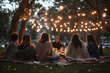 A cozy evening picnic under twinkling lights with friends enjoying laughter, food, and warmth in a lush green park