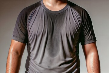 Close-up of man in sweaty shirt after intense workout at the gym