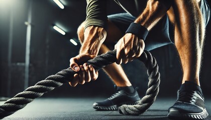 Man performing battle rope exercise in a gym for strength training