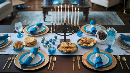 A beautifully set table for a Hanukkah celebration with a menorah, latkes, gelt, and blue and gold decorations.