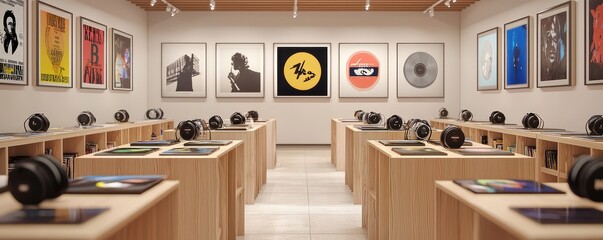 A minimalist vintage record store with records displayed in simple wooden bins, listening stations with high-quality headphones, and walls adorned with iconic album art framed in a minimalist style