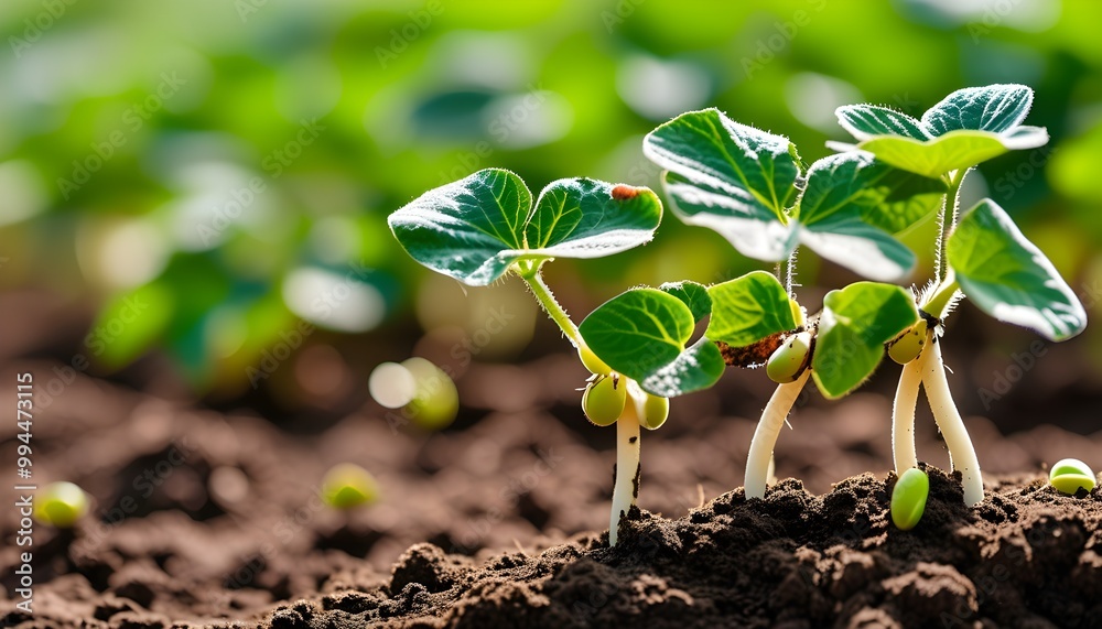 Wall mural vibrant soybean sprouts emerging from rich soil with healthy roots and lush green leaves