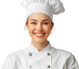 Smiling female chef in white uniform, young professional cook portrait, confident culinary worker isolated on transparent background, attractive woman in chef hat and jacket