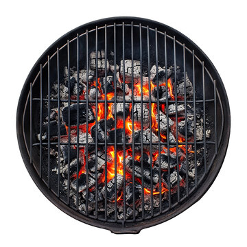 Round barbecue grill with hot coals and flames, isolated on transparent cutout background