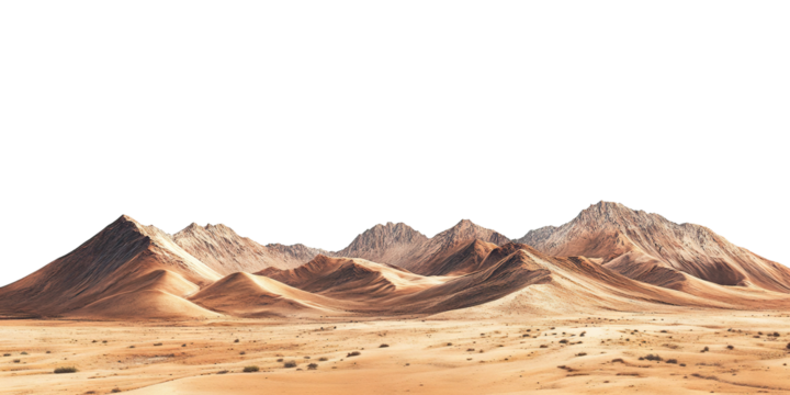 Desert mountain range with sandy landscape, isolated on transparent cutout background