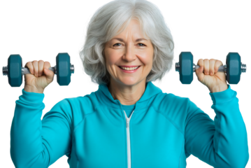 Senior woman exercises, smiling elderly female workout, healthy lifestyle fitness for retired lady, active mature athlete training with dumbbells, happy older adult flexibility and strength, isolated