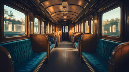 Vintage train interior, old wooden carriage, retro railway transport, antique passenger wagon, historic locomotive cabin, empty seats by window, classic travel journey,luxury railroad furniture inside