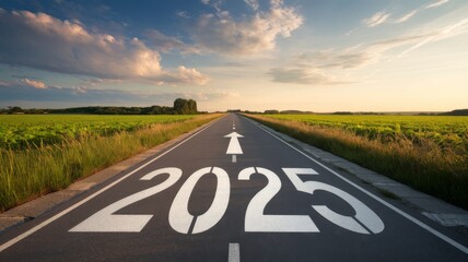 Road to 2025 with an empty road with written 2025 and arrow pointing towards the horizon to represent the future and positivity and success of the new year 2025