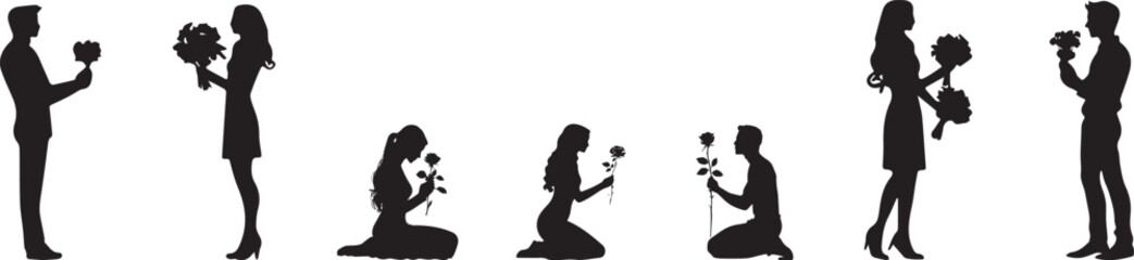 lady and man with flowers silhouette, man sitting on knees' with flower, girl proposing silhouette
