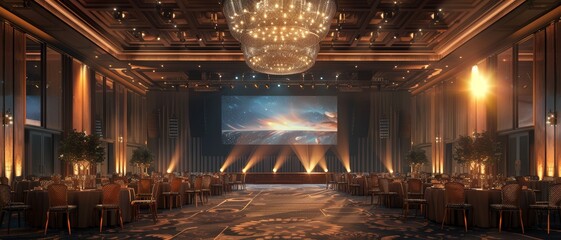 A luxurious event space featuring elegant decor, dramatic lighting, and a large screen, ideal for formal gatherings and celebrations.