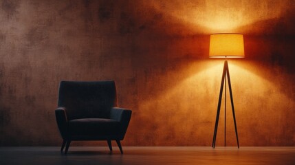 Cozy armchair beside a warm lamp in a softly lit room during evening hours