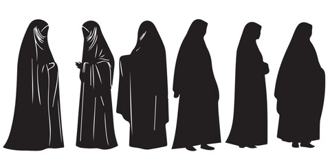 Muslim Girls In Abaya Silhouette set, isolated on white background