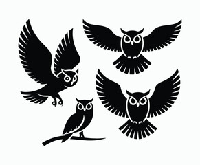 Fototapeta premium Owl bird silhouette editable EPS vector isolated illustration template on a white background
