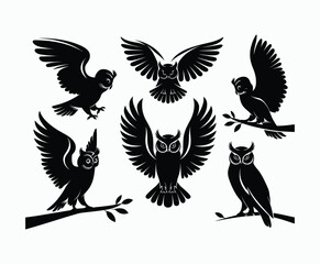 Naklejka premium Owl bird silhouette editable EPS vector isolated illustration template on a white background