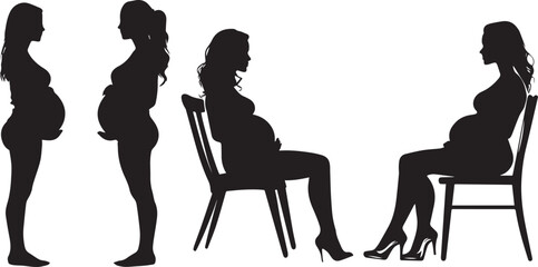 Pregnant lady silhouette set, pregnant lady standing, pregnant lady sitting on the chair